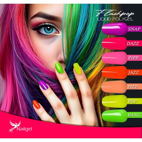 Colecție Liquid Polygel FLASHPOP, 7 bucăți în recipient cu pompiță, cu paletar cadou (margaretă).
