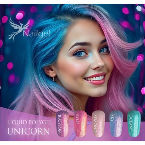 Colecție Liquid Polygel Unicorn – 5 bucăți în recipient cu pompiță, cu un cadou: mostră tip margaretă