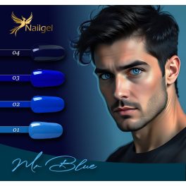   Colecția de geluri Mr. Blue cu 4 lacuri gel și un cadou: o mostră de tip margaretă.