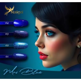   Colecția de geluri Mrs Blue cu 4 lacuri gel și un cadou: o mostră de tip margaretă.