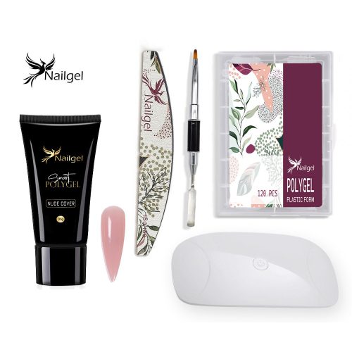 Set Polygel cu gel COVER NUDE accesorii și lampă UV