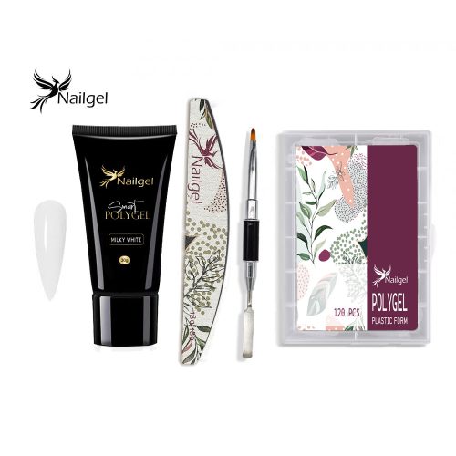 Set Nailgel Polygel cu gel MILKY WHITE și accesorii