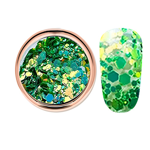 Sclipici decorativ în culoare verde intensă, hexagonal, în mărimi mixte